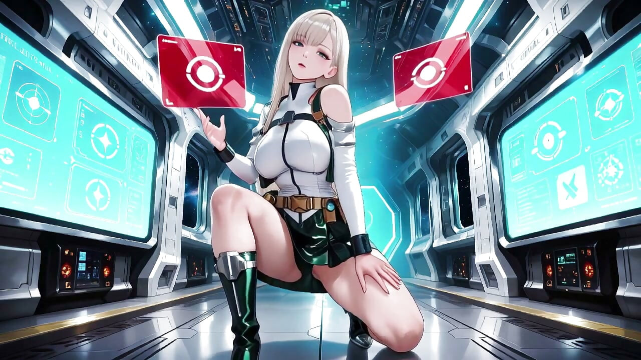 未来的な宇宙船の中で、白い制服がぴったりと張りつく彼女のプライベートなひととき。