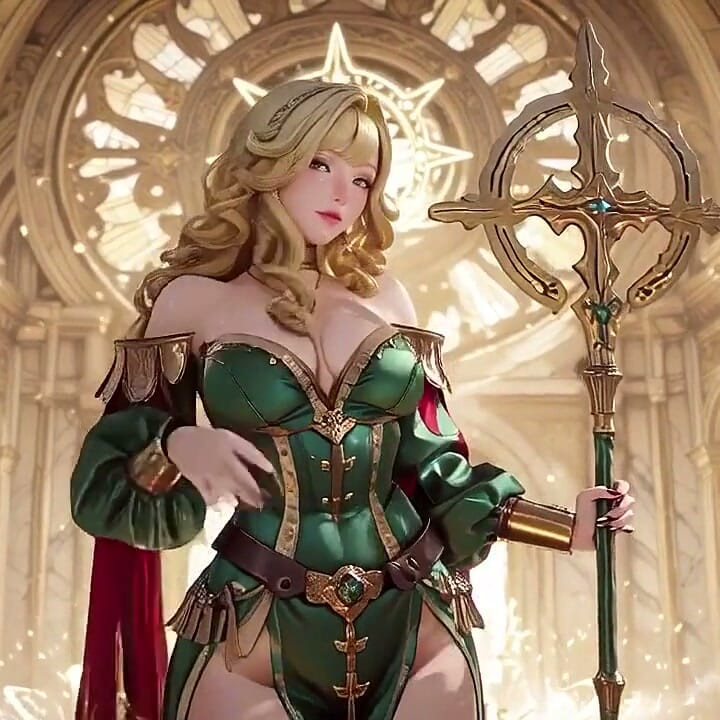 Blonde Engelkönigin! Heilige Kniefall in einer prächtigen Kathedrale, der grüne Umhang verbirgt kaum ihre weichen Kurven