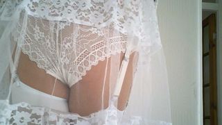 White lace Slip And Panties with White Stockings