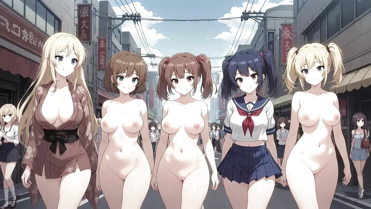 Five naked beauties with big breasts walking down the street