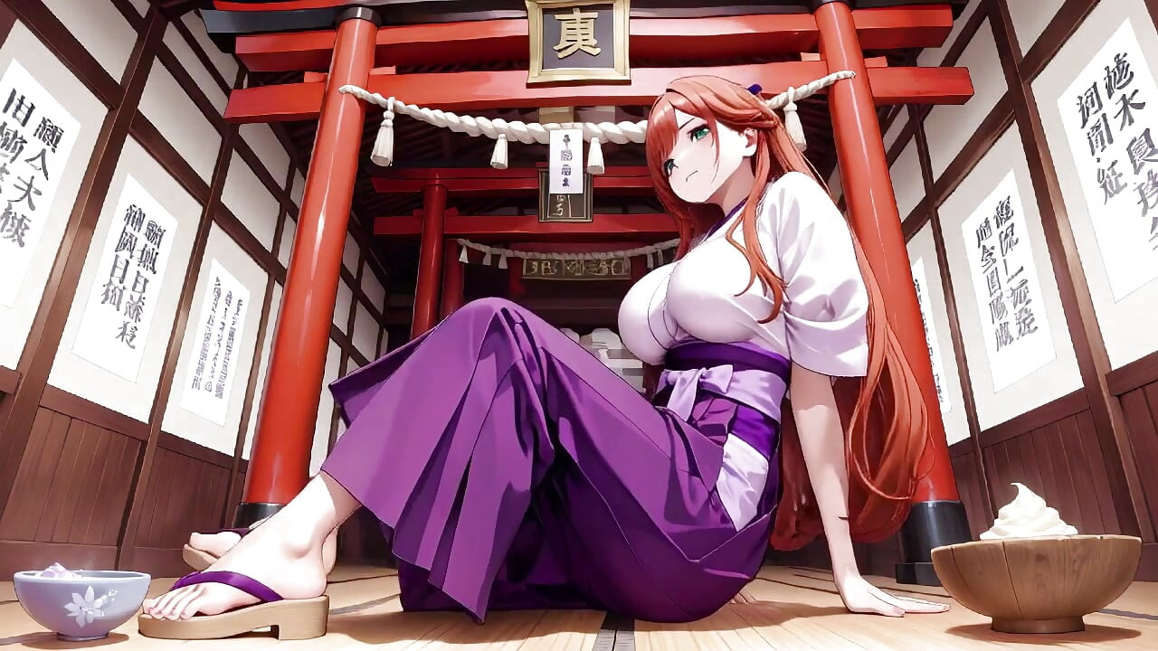 紅髮神子！深V和服浸泡，在朱紅色鳥居走廊中從寧靜到瘋狂綻放！