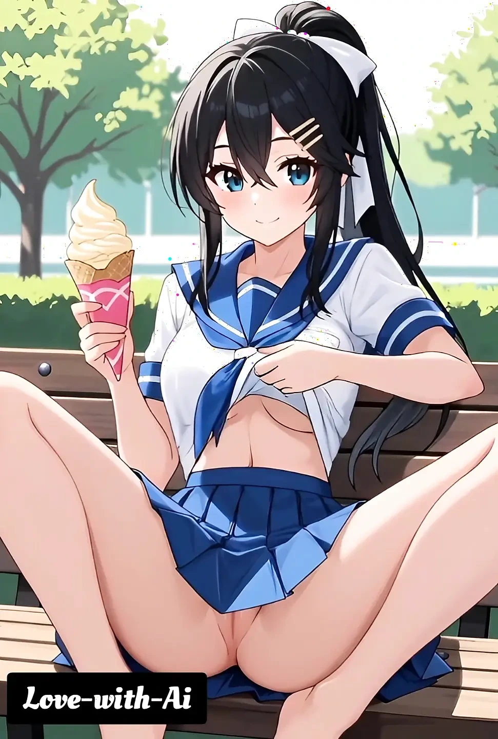Hentai 2026!  Student licks ice cream in a park, her dripping all over the place