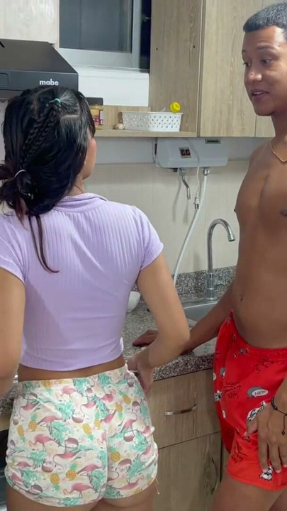 Big ass stepsister fucks stepbrother in the kitchen after seeing his huge cock until she fills his ass with a lot of milk | Clip 1