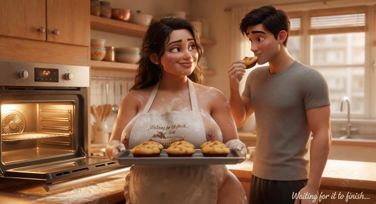 Curvy Latina bakes naked under tiny apron while her young stepson watches every move (AI generated)