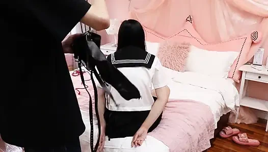 Gg50 - Cute Girl Challenges Herself to Break Free From the Restraints of Ropes and a Single Glove on the Bed.