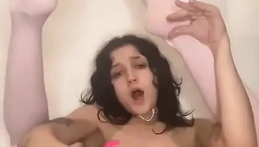 Petite Goth Teen with Long Pink Socks Squirts From Clear Dildo