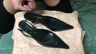 Cum in her shoes ! (Chanel black slingback heels)