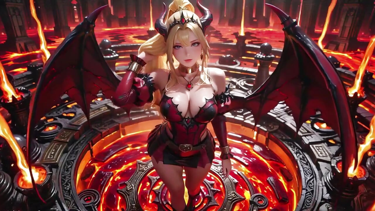 Lava Throne! Blonde Demon Queen Kneels & Spreads Her Wings, Lazy Tease with a Glass.