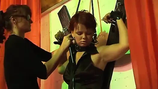 Mature Domme Clamps and Teases Bound Babe's Dripping Pussy