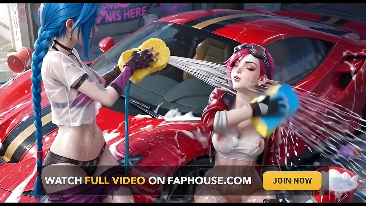Jinx and Vi Washing the Red Ferrari Wet and Soapy