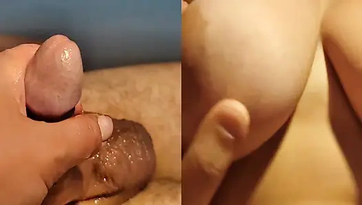 Neues Format-Nahaufnahmevideo. Perfekte natürliche titten berühren, während stiefschwester meinen lubed penis masturbiert. Riesiger cumshot.