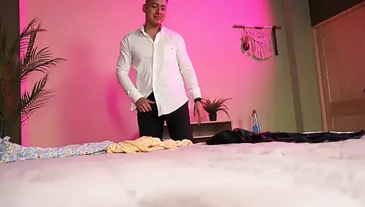 Stepfather masturbates thinking he's home alone, but his stepdaughter sees him and ends up trying his cock.