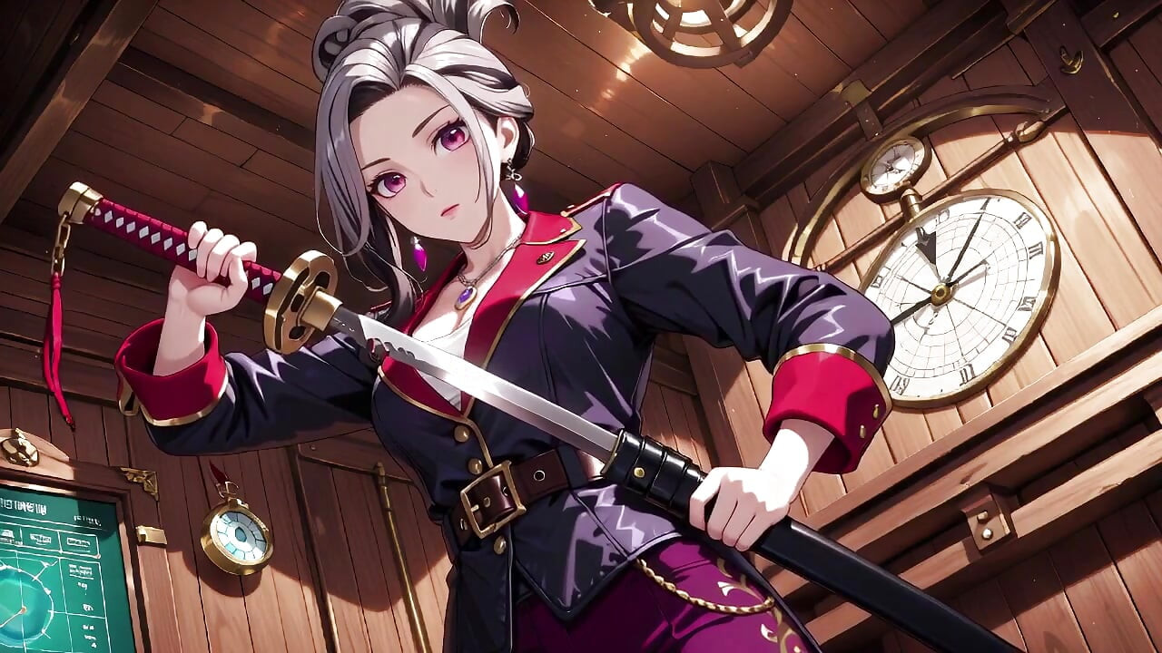 Silver-Haired Pirate Queen! Sun-drenched ship cabin, navy uniform slightly damp, kneeling with a teasing gaze.