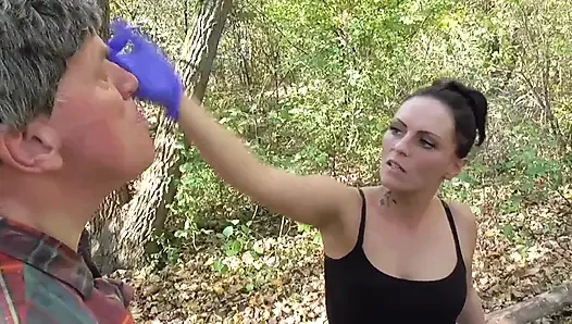 Humiliating him with their spits and slime in the forest