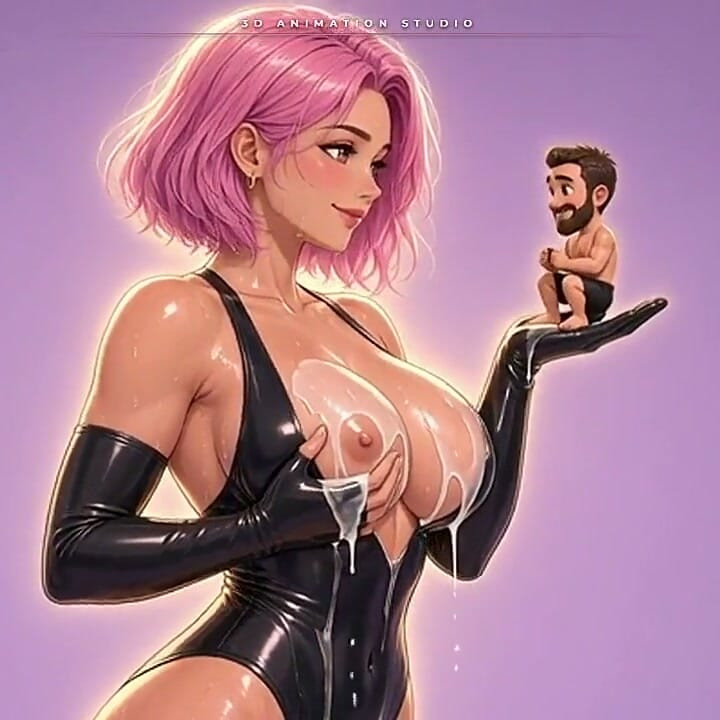 Anime Latex Mistress Kisses the Tiny Man on Her Palm While Milk Drips From Her Breasts
