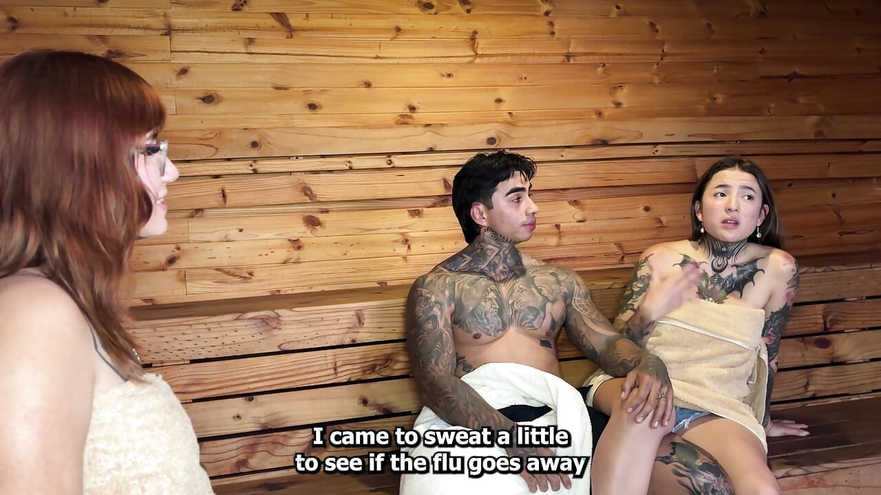 My neighbor leaves me alone with her boyfriend and we end up fucking in the sauna