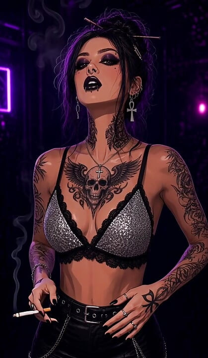 AI generated skinny goth returns with a friend smoking big tits goth kissing virtual sex two girls smoking kissing bouncing tits