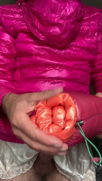 Satin silk downjacket fetish