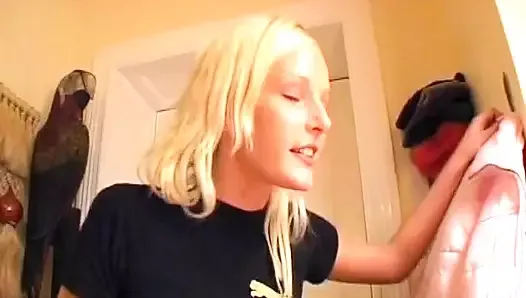 A blonde German girl gets a double cumshot on her small tits