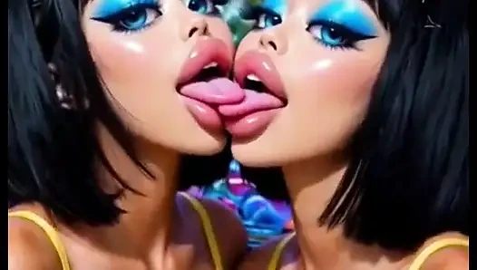 Fetish lidah dan ciuman lidah lesbian yang lucu, animasi ai