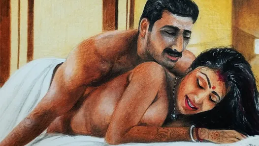 セクシーなベンガル人女性のエロティックな芸術や絵が夫と「最初の夜」のセックス