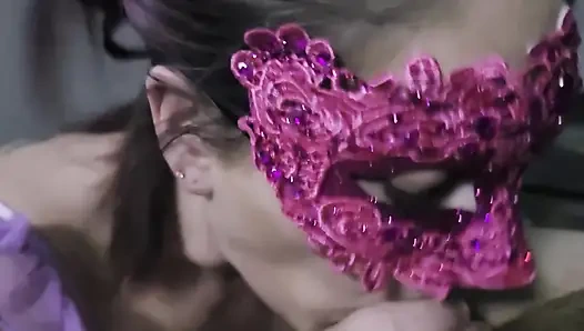 Slutty milf in a pink mask blowjob with swallow