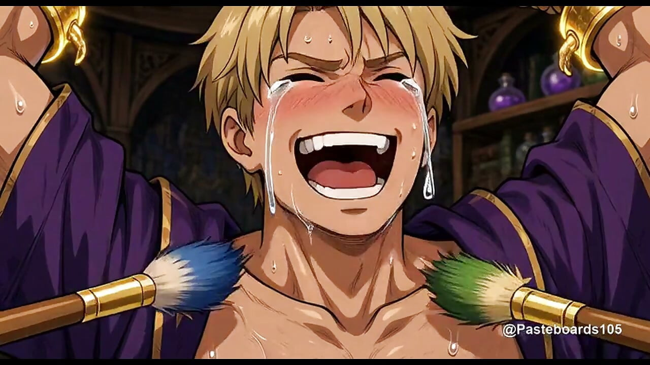 Bundet i troldmandens studerekammer - Fortryllede pensler på hans ribben og mave (2D anime)
