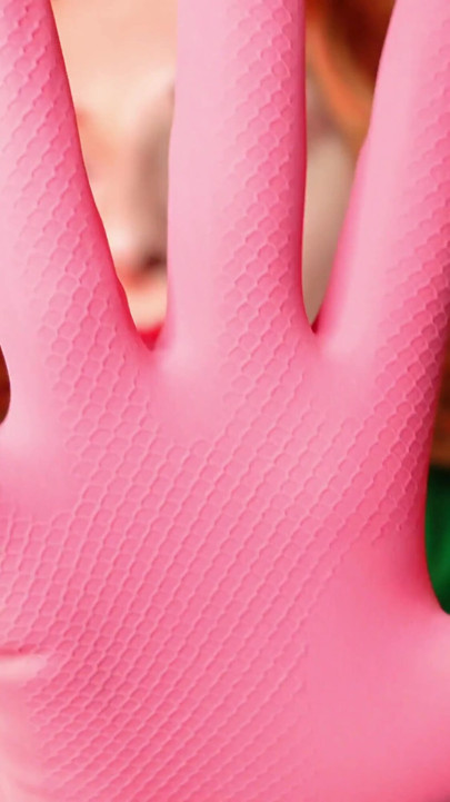 Pretty pin up model Arya and pink latex household gloves