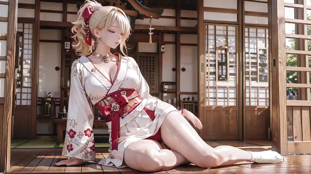 Blonde Kimono Girl! Forbidden Contrast From Shrine to Pure White Bed, Half-unbuttoned, Fingertips Trembling