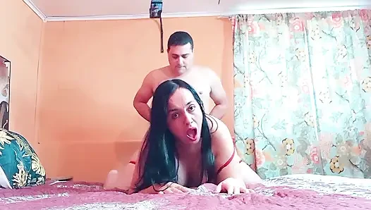 Curvy Latina in a red dress gets a good fucking in doggy style.