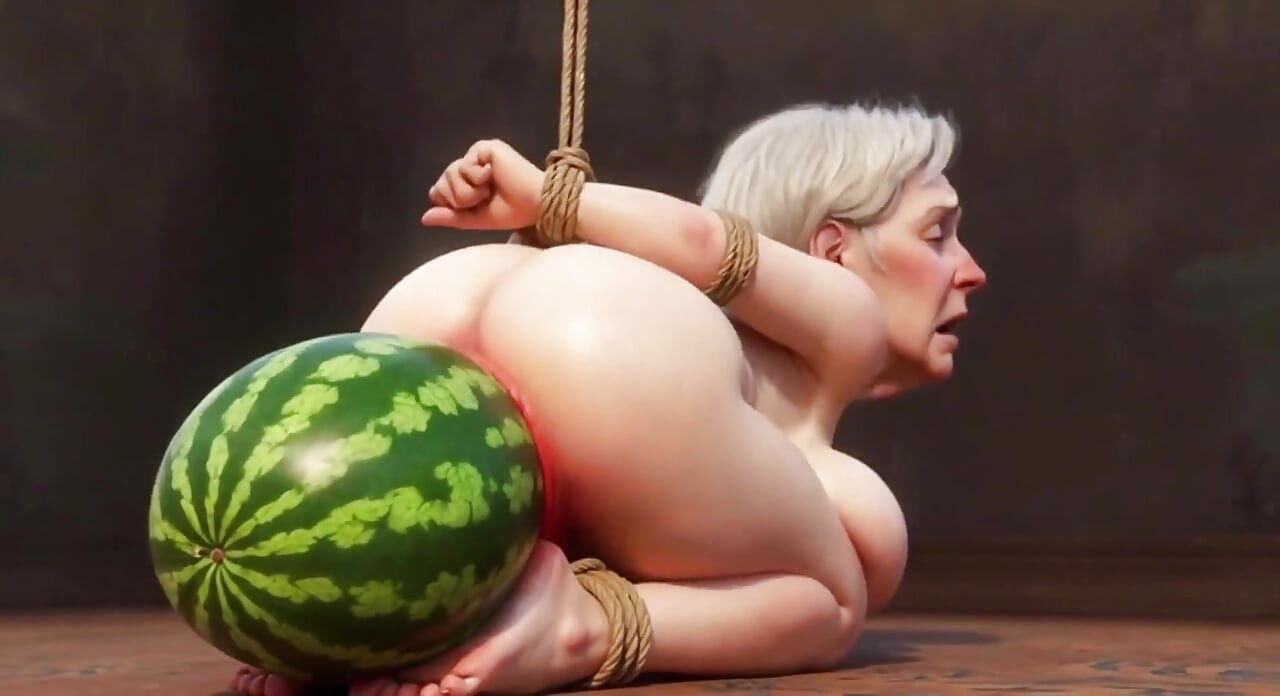 Old Granny Bound with Huge Watermelon in Ass - Hurt & Orgasm