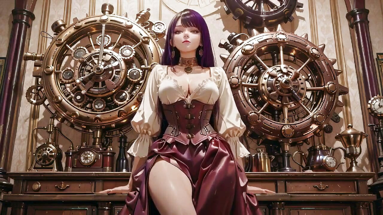 Steam-punk Stunner in White! Kneeling Under Giant Gears