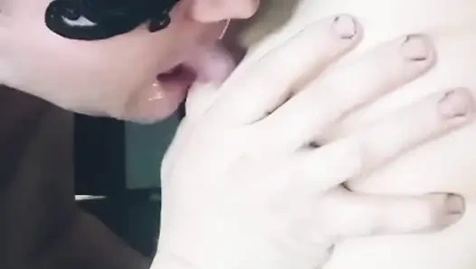 Lick the whipped cream from the breasts well, a lot of whipped cream