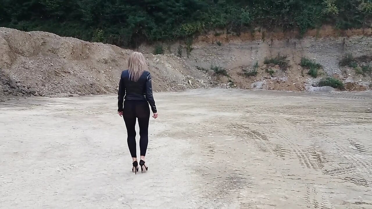 Grandma Is Walking Around a Gravel Pit in Tight Leggings and High Heels!