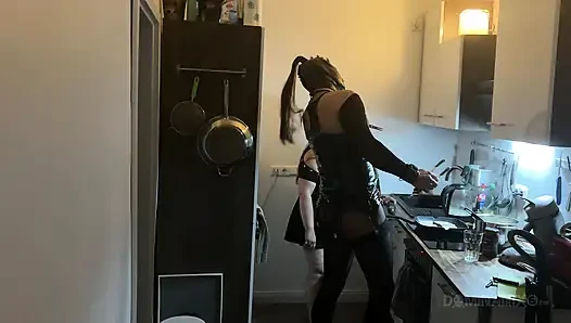 Dominant MILF Stretches Latex Sub's Ass Wide in Kitchen