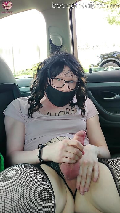 Risky Blindfolded with Body Writing Close to a Busy Road and Cumshot