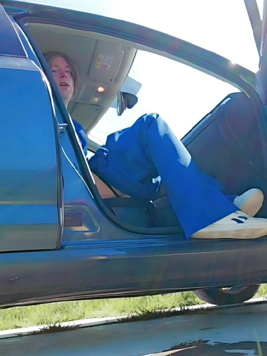 Annemieke in Blue Suit Pissing Outdoor