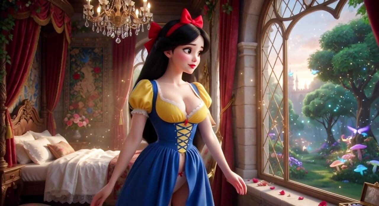 Namiętna noc Śnieżki w zaczarowanej zamkowej sypialni z klasyczną sukienką częściowo otwartą dla intensywnej przyjemności