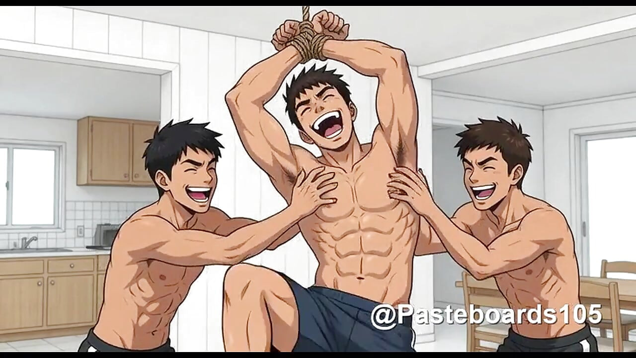 Strung Up By The Wrists - Bare Hands On A Bound Muscle Jock's Armpits And Ribs (2D Anime Bara)