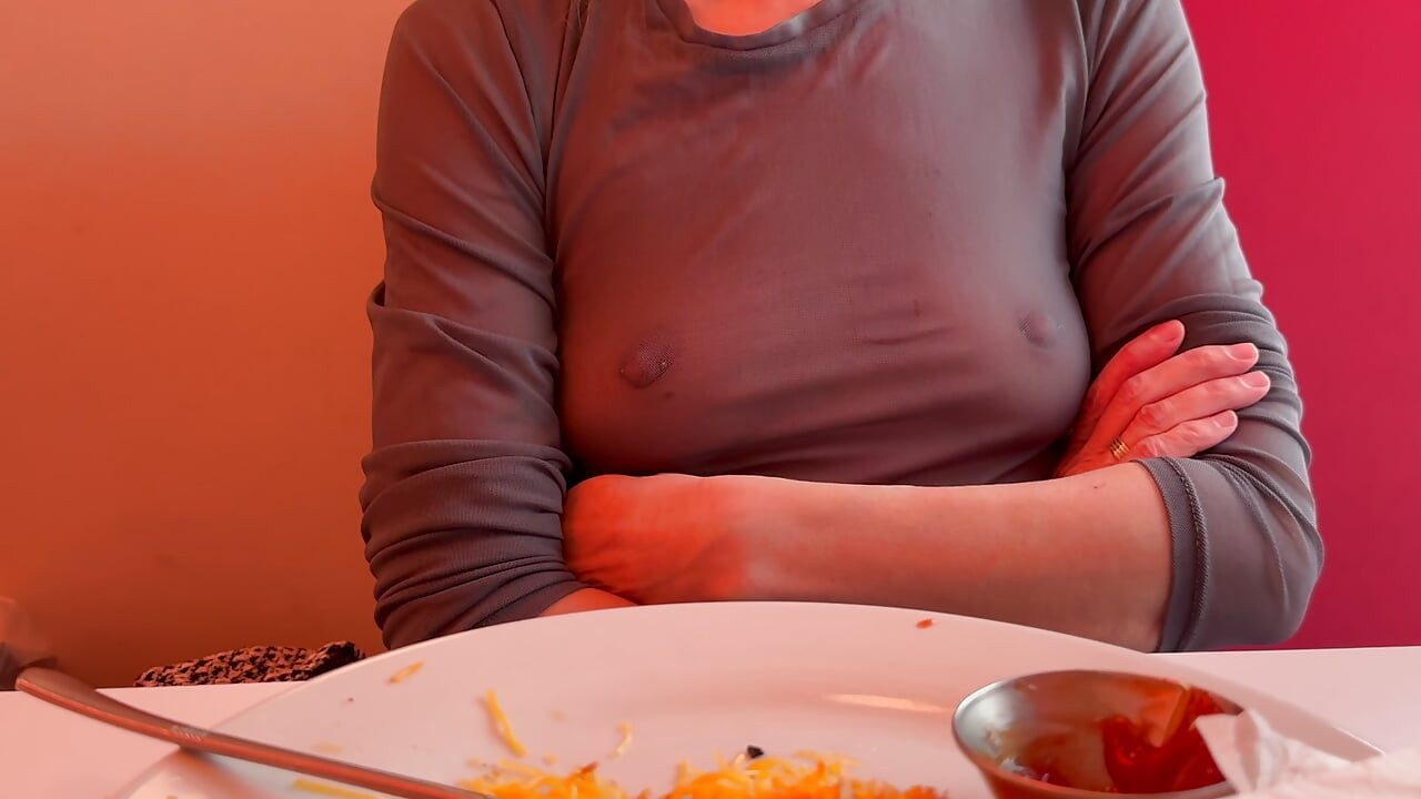 Having lunch in a restaurant wearing totaly sheer top exposing my pierced nipples and sexy boobs
