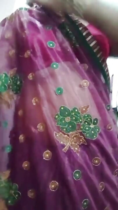 Indian Gay Crossdresser Bottom Gaurisissy Pressing and Playing with Her Big Boobs in Purple Saree with Heavy Jwellery