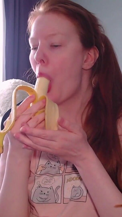 Key moment from "It's time for a sweet snack! This banana looks soooo much like your dick! Look how greedily I suck it!"