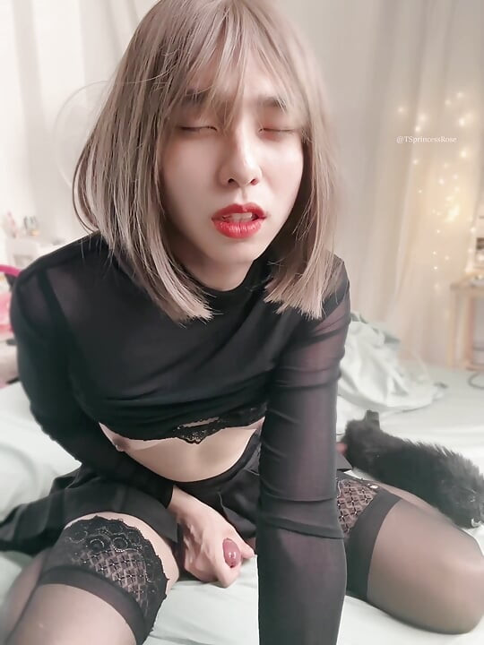 Asian Sissy Cumshot Eating in Lingerie
