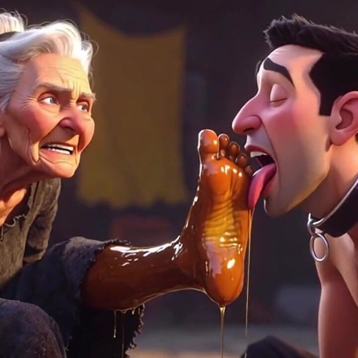 Submissive Slave Licking Wrinkled Feet of Old Ladies