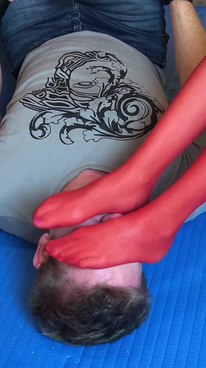 Red Pantyhose Foot Domination