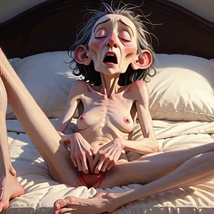 Extremely Skinny Old Woman Masturbates Her Tight Pussy with Her Fingers