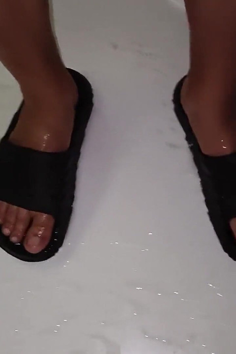 Piss on Feet in Sandals Slides While Wearing White Swim Trunks