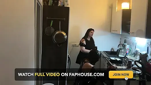 Dominant MILF Stretches Latex Sub's Ass Wide in Kitchen