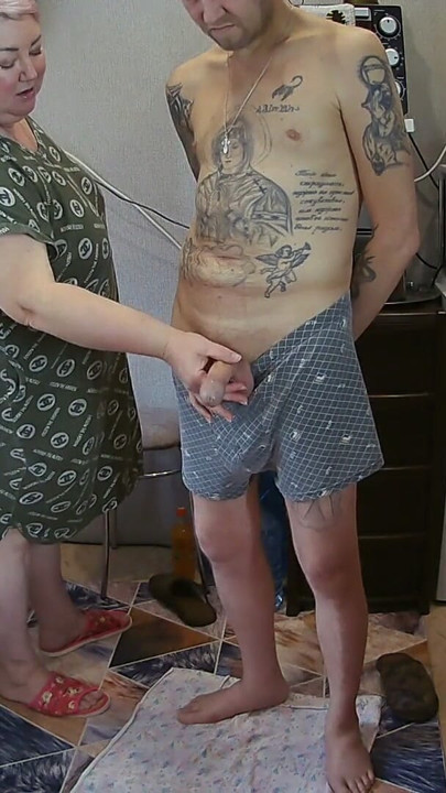 mother-in-law does a deep blowjob jerks off a dick to a cumshot | Clip 1