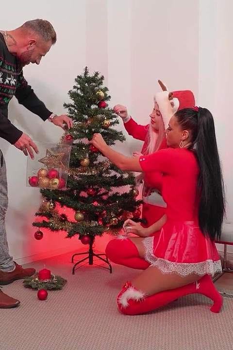 German Skinny Latina Christy Ley and Maria Gail Seduce to FFM 3some at Christmas